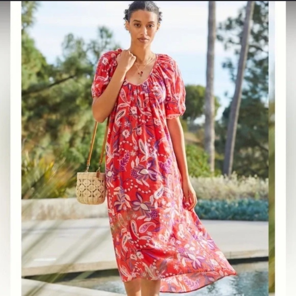 New red SUNDRY Floral Poof Sleeve Dress casual summer party midi boho $198 anthr